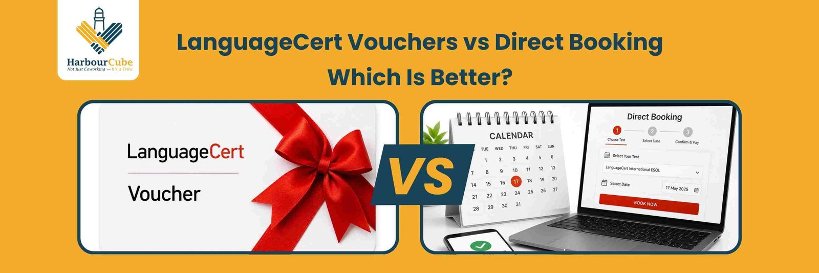 Comparison of LanguageCert vouchers and direct booking options for students registering for an English language test.